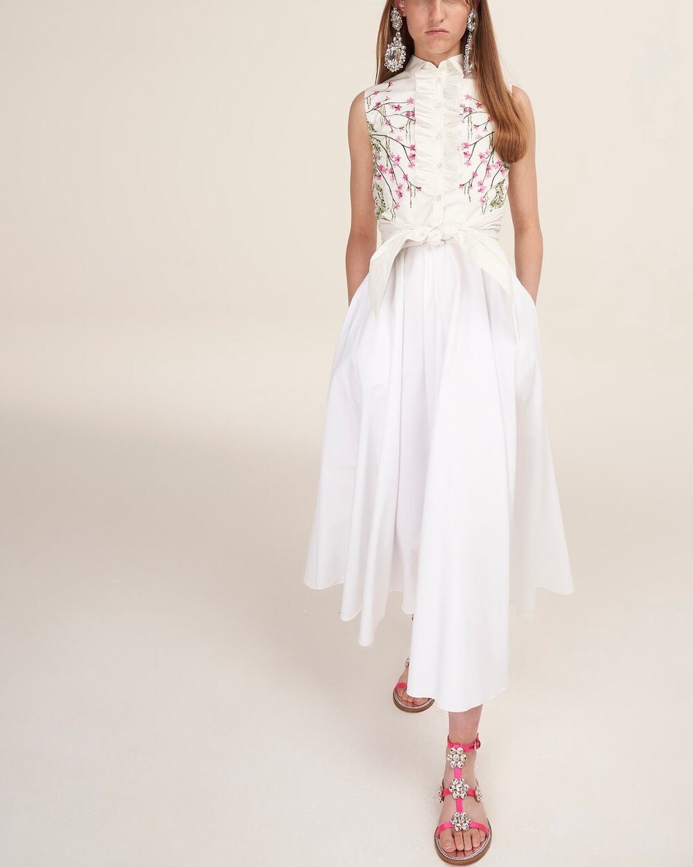 GIAMBATTISTA VALLI White Cotton Sleeveless Belted Maxi Dress 44 Floral Pleated